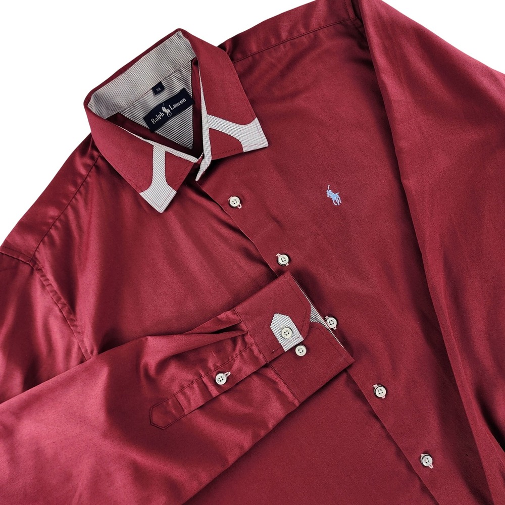 Ralph‎ Lauren Shirt Mens XL Burgundy Contrast Collar Button Up Heritage Western